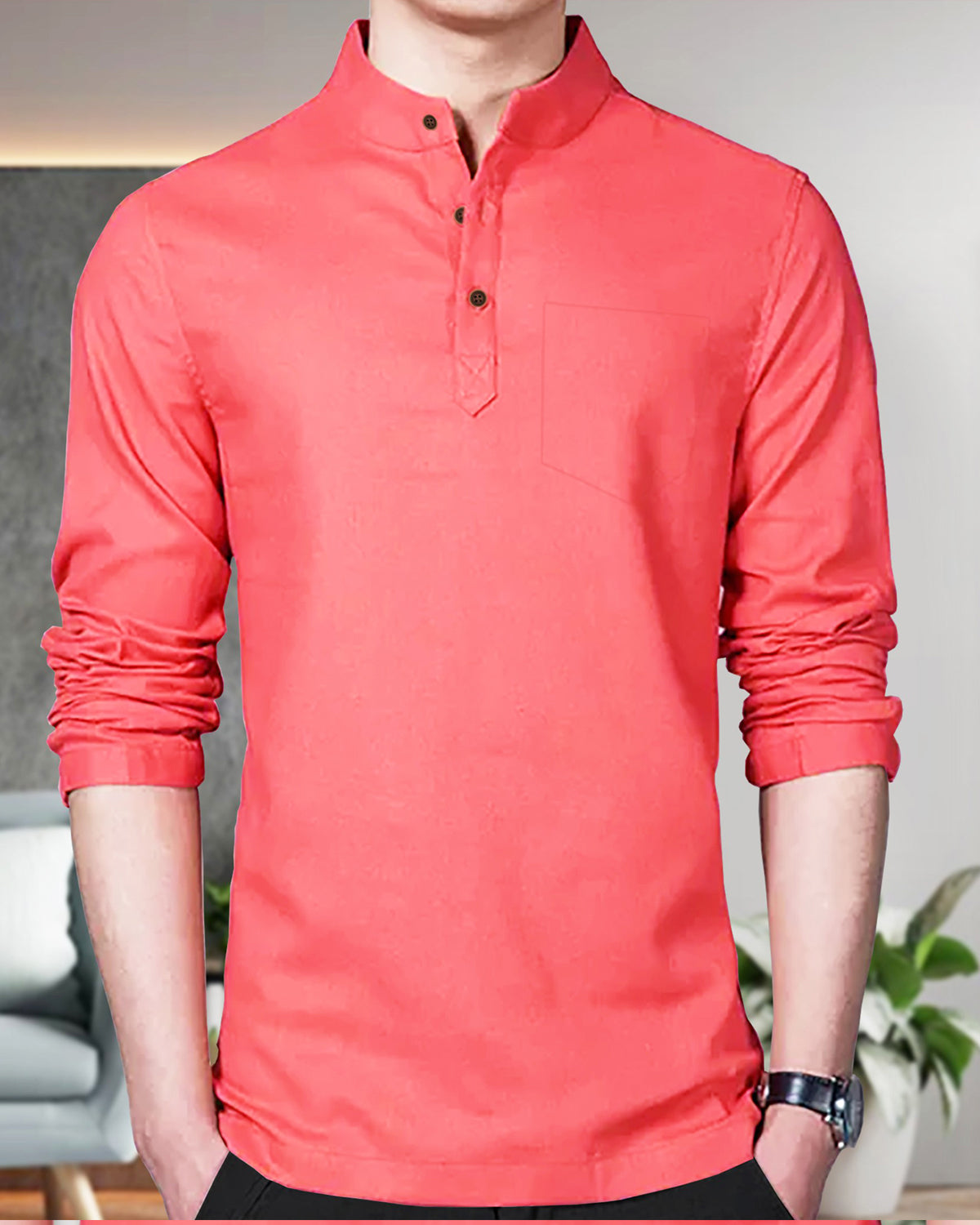 Men  Plain Cotton Blend Straight Kurta / Pink