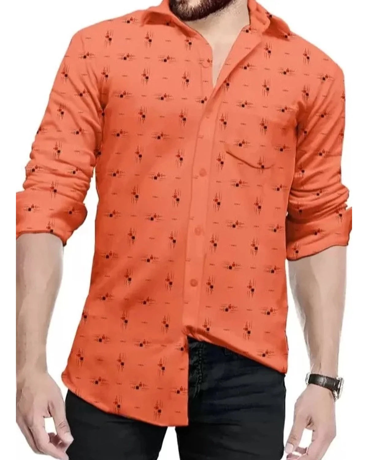 Men Printed Casual Full Hand Shirt / Orange